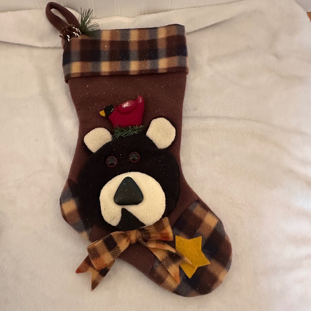 Vntge Christmas Stocking Brown Excellent Bear Cardinal Plaid
Rustic Fleece